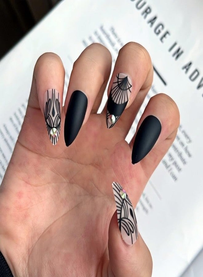 OCOUYVD Press on Nails Medium Almond Stiletto Heel Fake Nails Gothic Mesh Rhinestone Acrylic Nail Glossy Glue on Holiday False Nails Full Cover Stick on Nail for Women Girls 24PCS - Image 1